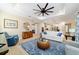 Open-concept living room featuring a large rug, adjacent to the kitchen with comfortable seating and style at 10445 Sw 90Th Street Rd, Ocala, FL 34481