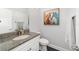 Stylish half-bathroom featuring granite countertops, a vessel sink, and neutral decor at 1910 Se 28Th Pl, Ocala, FL 34471