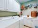 Well-lit laundry room with modern washer and dryer, storage cabinets, and decorative shelving at 9172 Se 130Th Loop, Summerfield, FL 34491