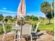 Outdoor patio features a table, umbrella, and chairs with views of the golf course at 9172 Se 130Th Loop, Summerfield, FL 34491