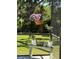 Eye-level view of potted plants and flowers in hanging basket in screened-in lanai near garden at 35 Lake Wood Cir, Ocala, FL 34482
