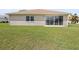 Level backyard features lush green grass, and a sliding glass door at 17645 Se 117Th Cir, Summerfield, FL 34491