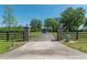 Long driveway leads to a gated entrance with stone pillars and black fencing, offering privacy at 5363 Nw 153Rd Ct, Morriston, FL 32668