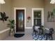Inviting front porch with elegant decor, including potted plants, decorative furniture, and a stylish patterned rug at 7855 Sw 97Th Cir, Ocala, FL 34481