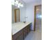Bathroom vanity with dual sinks, large mirror, tile floor, and natural wood trim at 2865 Se 37Th St, Ocala, FL 34471