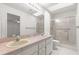 Bathroom features a double sink vanity, skylights, a walk-in shower, and a toilet, offering functionality at 11058 Sw 69Th Cir, Ocala, FL 34476