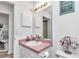 Neat bathroom with pink vanity, ample lighting, and a clean aesthetic at 6127 Sw 84Th Place Rd, Ocala, FL 34476