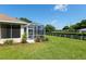 Landscaped backyard featuring a screened lanai, lush lawn, and perimeter plantings for enhanced privacy and curb appeal at 8904 Sw 84Th Cir, Ocala, FL 34481