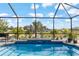 Screened-in pool with a waterfall feature surrounded by lush greenery at 10293 Sw 96Th Ln, Ocala, FL 34481