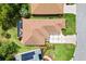 Aerial view showcasing the home's roof, patio, and surrounding landscaping at 17536 Se 119Th Cir, Summerfield, FL 34491