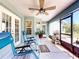 Inviting screened patio with comfortable seating, a ceiling fan, and views of the lush backyard at 17901 Sw 25Th Avenue Rd, Ocala, FL 34473