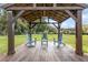 Inviting gazebo featuring wooden floors, wood beam supports, and Adirondack chairs with view of lush lawn at 9900 Ne 20 Terrace Rd, Anthony, FL 32617