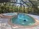 Screened-in pool and spa with a safety railing, surrounded by lush greenery, create a private oasis at 9915 Sw 47Th Ave, Ocala, FL 34476