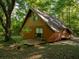 A-frame house surrounded by lush trees featuring a deck and large windows at 11420 Nw 110Th Ave, Reddick, FL 32686