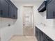 Well-lit laundry room with navy cabinets, modern fixtures, and closet access at 1784 Nw 85Th Loop, Ocala, FL 34475