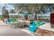 Outdoor brick patio with unique lounge seating and dining table for gathering under mature trees at 4050 Nw 48Th Terrace Rd, Ocala, FL 34482