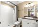 Clean bathroom featuring a shower, toilet, and vanity with countertop space at 8 Hemlock Radl, Ocala, FL 34472