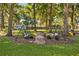 Outdoor space is enhanced by backyard seating and a decorative stone fire pit surrounded by trees at 8630 Sw 20Th Ct, Ocala, FL 34476