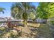Fenced backyard with a large palm tree, small storage shed, and grassy area at 12351 Se Hwy 464, Ocklawaha, FL 32179
