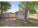 Backyard shed for storage with a white door and window, in a well-maintained yard at 8215 Sw 53Rd Ct, Ocala, FL 34476