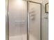 Close-up of shower with glass enclosure and safety bar in modern bathroom at 9591 Sw 70Th Loop, Ocala, FL 34481