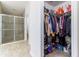View of walk-in closet with shelves and hanging racks, leading to the bathroom with shower at 9721 Sw 53Rd Ct, Ocala, FL 34476