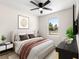 Bedroom with a ceiling fan, a large window looking outside, LVP flooring, and neutral walls at 10605 Se 146Th Ln, Summerfield, FL 34491