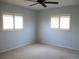 Empty carpeted bedroom with two windows, a ceiling fan and blue walls at 11536 Sw 138Th Ln, Dunnellon, FL 34432