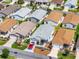 High-angle shot displaying similar homes with diverse roof colors and manicured lawns in a vibrant residential community at 2693 Craven Way, The Villages, FL 32162