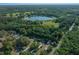 Aerial view of a wooded property with a lake in the background showcasing the surrounding landscape at 16571 Se 95Th Street Rd, Ocklawaha, FL 32179