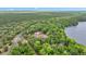 Panoramic aerial view showcases sprawling wooded acreage on a lake, with home in the center at 16891 Ne 243Rd Place Rd, Fort Mc Coy, FL 32134