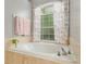Bright bathroom showcasing a soaking tub with a window and floral-patterned curtains at 19395 Sw 100Th Loop, Dunnellon, FL 34432