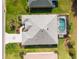 An aerial shot displays the property's roof, landscaping, and screened-in pool area at 2008 Palo Alto Ave, The Villages, FL 32159