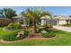 Lush front yard with a palm tree, landscape boulders, and colorful plants and shrubbery at 2008 Palo Alto Ave, The Villages, FL 32159