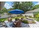 Landscaped backyard with a blue patio umbrella, brick patio, and lounge chair at 4404 Ne 4Th St, Ocala, FL 34470