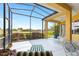 Serene screened-in patio with cozy furniture and panoramic views of the beautifully landscaped yard at 11799 Se 173Rd Lane Rd, Summerfield, FL 34491