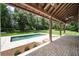 Backyard pool with a covered patio surrounded by lush green trees and well-manicured lawn at 950 Sw 43Rd Pl, Ocala, FL 34471