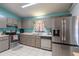 Traditional kitchen features stainless steel appliances, gray cabinets and a double sink under the window at 10631 W Highway 40, Ocala, FL 34482