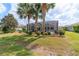 This is a lush backyard with mature landscaping, towering palms, and a generously sized screened-in lanai at 7455 Sw 97Th Terrace Rd, Ocala, FL 34481