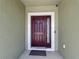 Close-up of a decorative front door with sidelight, framed by a white molding and textured exterior walls at 4013 Ruby Run, Haines City, FL 33844