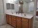 A well-lit bathroom featuring a double vanity with wooden cabinets and modern fixtures at 4677 Nw 46Th Ave, Ocala, FL 34482
