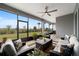 Relaxing screened patio with comfortable seating, a ceiling fan, and views of the landscaped backyard at 10082 Sw 82Nd Place Rd, Ocala, FL 34481