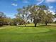 View of the green golf course with a blue flag with mature trees in the background at 7488 Sw 204Th Ave, Dunnellon, FL 34431