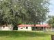 Fenced backyard featuring a home and shed with red roofing and a large tree in the background at 16850 Se 19Th Ct, Summerfield, FL 34491