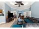 Spacious living room with a ceiling fan, large TV, and comfortable seating area, bathed in natural light at 6045 Se 99Th Pl, Belleview, FL 34420