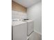 Functional laundry room with modern white washer and dryer, and wire shelving for storage at 8617 Triumph Cir, Wildwood, FL 34785