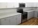 Modern kitchen features white upper and gray lower cabinets, stainless steel appliances, and wood-look floors at 13816 Sw 112Th Ter, Dunnellon, FL 34432