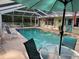 Outdoor seating with the covered pool; a fantastic green lawn, flowers, and an American flag at 3579 Sw Shorewood Dr, Dunnellon, FL 34431