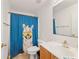 Bathroom featuring a single sink vanity, toilet, mirror and a cartoon llama themed shower curtain at 4624 Se 32Nd Pl, Ocala, FL 34480