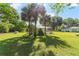 Lush backyard with a screened-in pool area, palm trees, and a well-manicured lawn under a sunny sky at 10140 Sw 81St Terrace Rd, Ocala, FL 34481